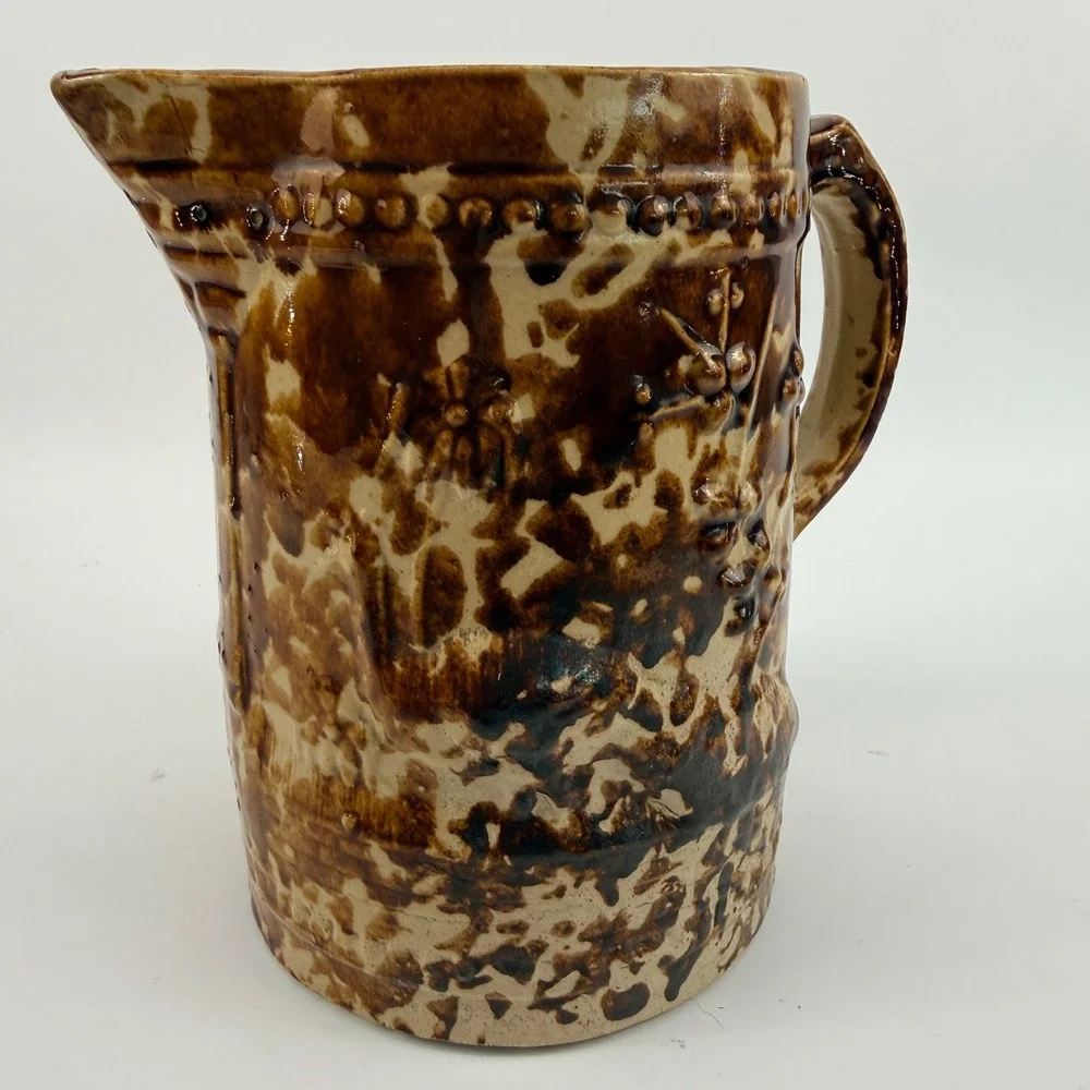 Antique Rockingham Glazed Yellowware Pitcher Brown Spongeware Relief Floral Jug